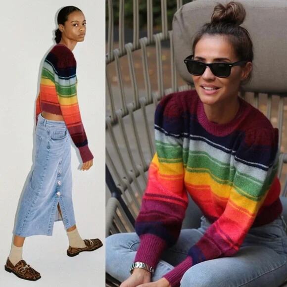 Zara Rainbow Cropped Sweater Puff Long Sleeve Striped Wool Blend Pullover Size S - Picture 1 of 14